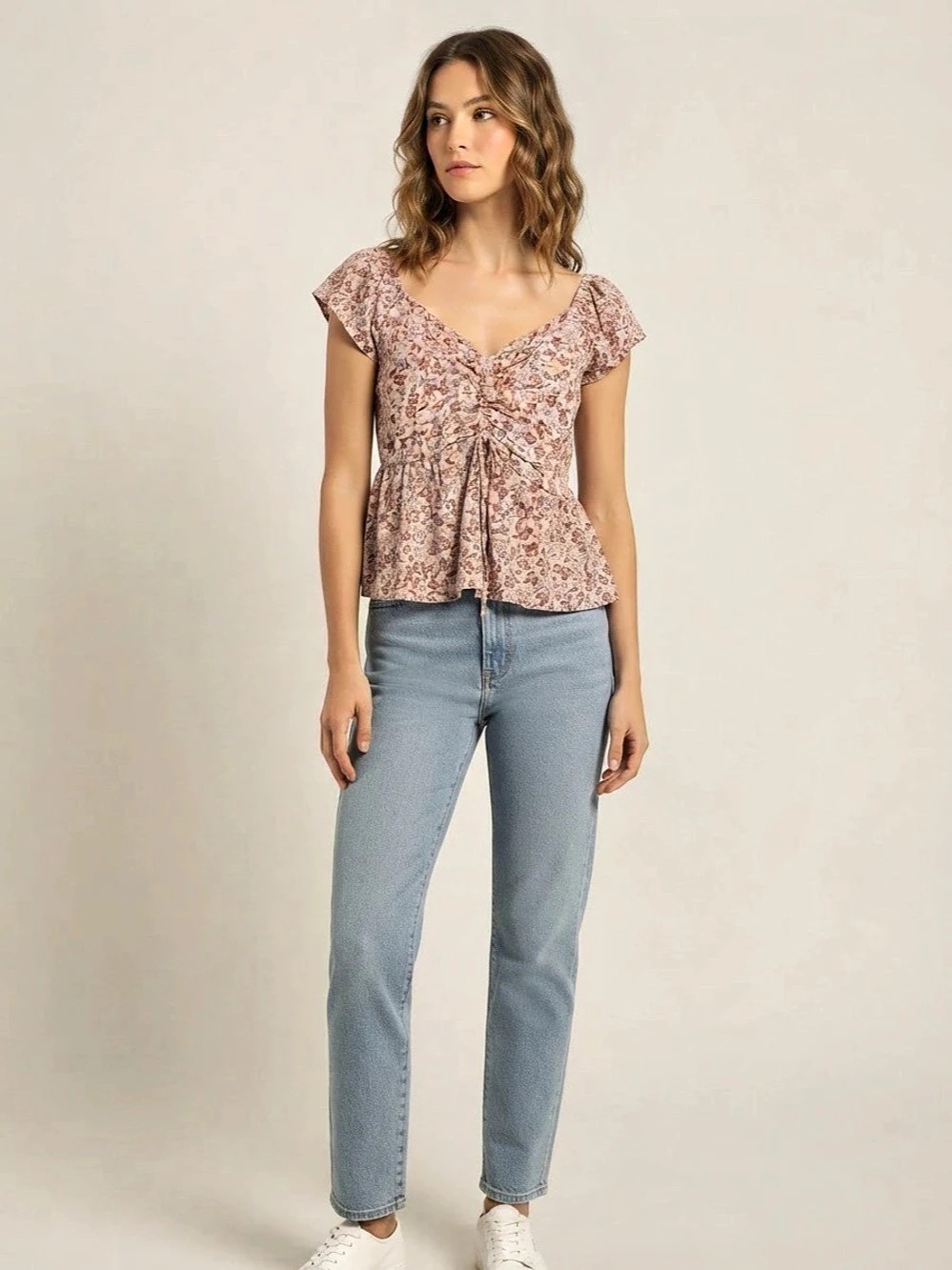 Japna Floral Ruched Blouse in Pink & Brown Like New Size L